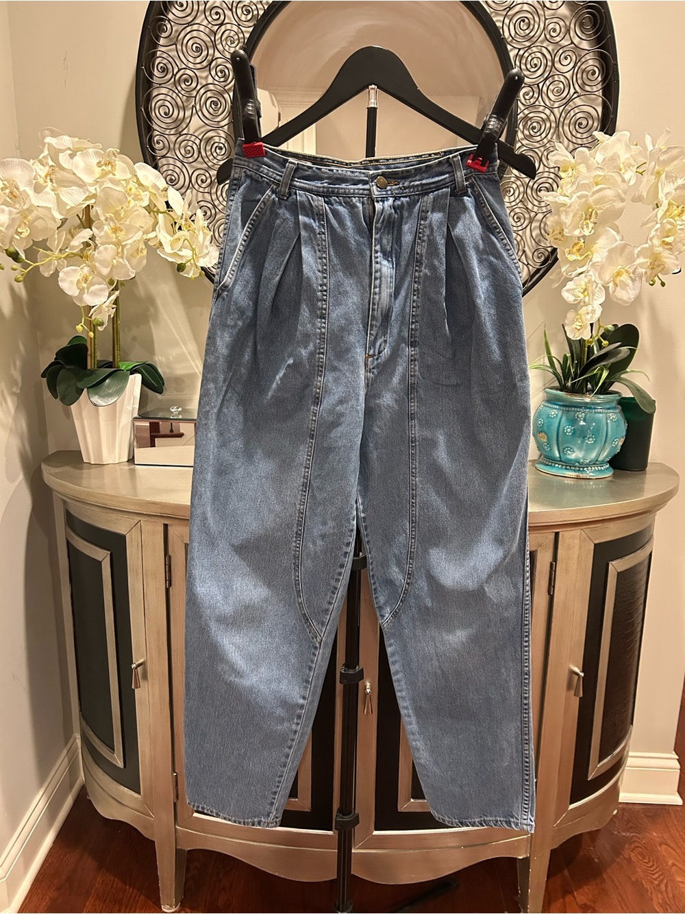 Vintage French Navy Jeans 12 High Rise Pleated Barrel Leg Mom Denim 80s 90s